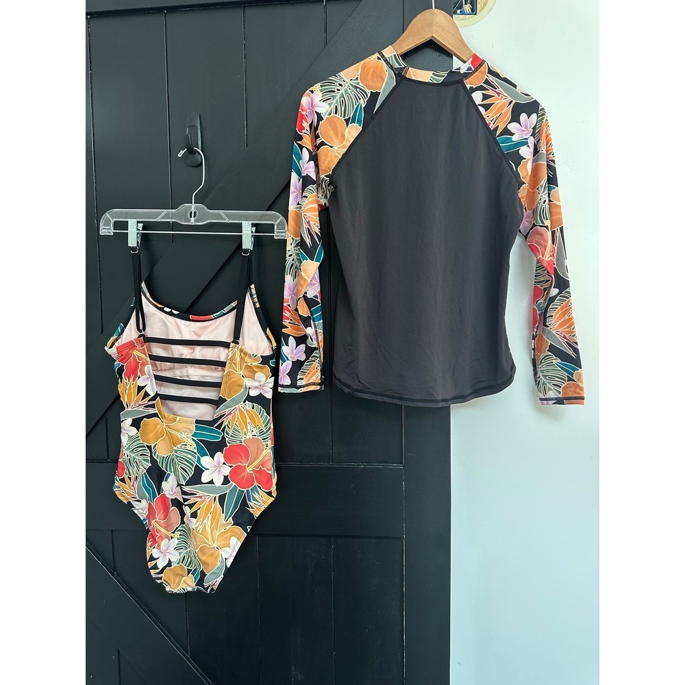 Hurley Women Rash Guard and One Piece Swimsuit Set Tropical Floral Black Size S - Picture 2 of 13